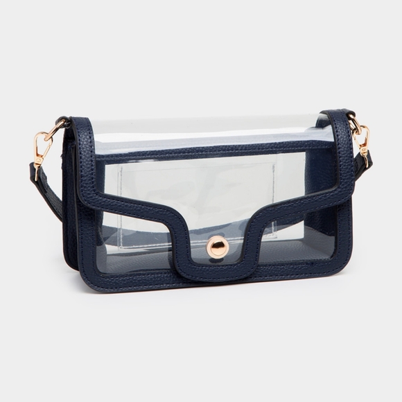 Navy Transparent Clear Rectangle Bag Purse Shoulder Leather Casual See Through - Picture 1 of 5